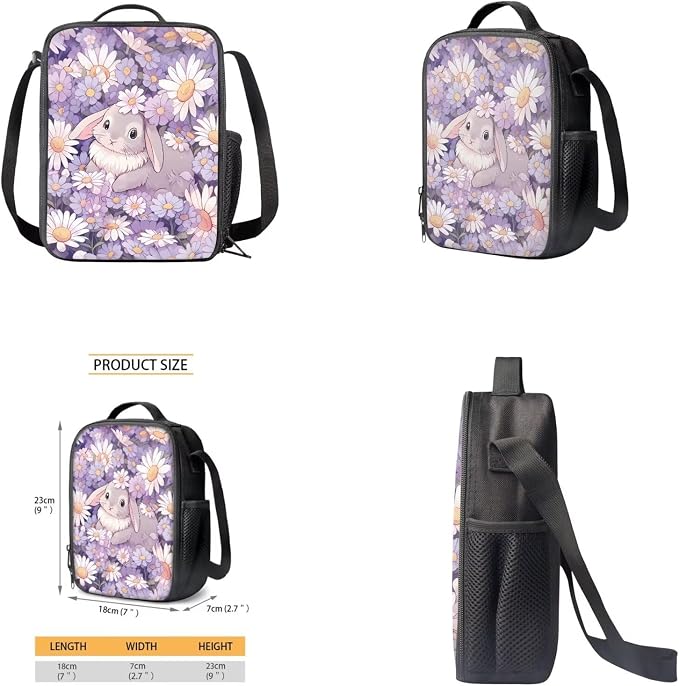 Daisy Bunny Backpack for Girls Kids Backpack with Lunch Box Water Bottle Holder with Strap and Pencil Case 4PCS Set Bookbag with Front Pocket for School Teens 17 inch Lightweight School Bag - Image 4