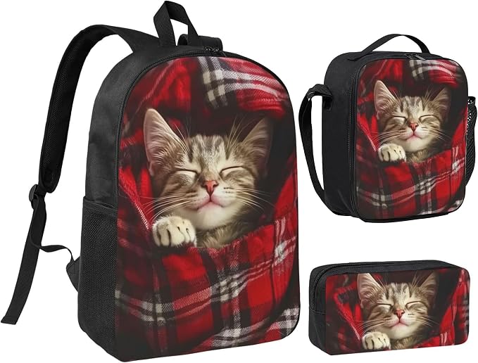 Cat Kid Backpack Set with Lunch Bag & Pencil Case Large Capacity School Bag 17 Inch Bookbag for Boy Girl by thmnj