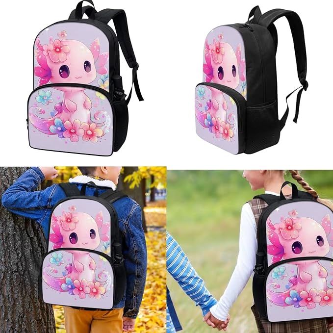 Axolotl Backpack for Girls 9-10 with Lunch Box Primary School Bag and Lunch Bag Set 3 Piece Cute Book Bags for Middle School Lunchbox Pencil Case - Image 3