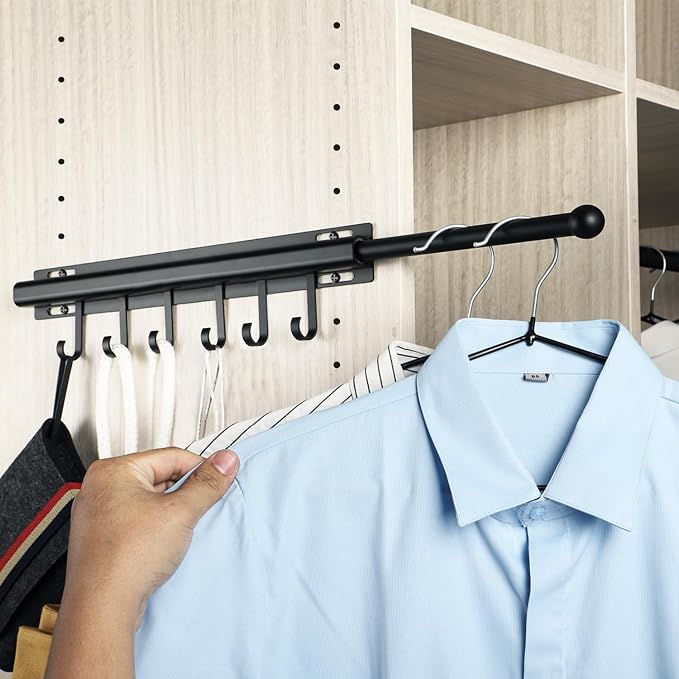 BaiNong Valet Rod for Closets Pull Out 16.5" Black with 6 Hooks | Closet Valet Rod Slide Out for Closets, Laundry Rooms, RVs Space-Saving by BaiNong
