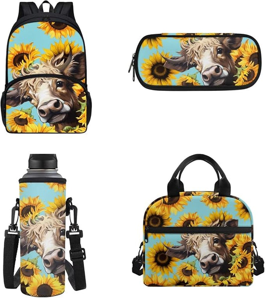 4 pcs Highland Cow Sunflower Schoolbag Set for Girls Boys，Durable Highland Cow School Bag Set with Insulated Lunch Box Pencil Case Water Bottle Bag School Supplies by Chririnla
