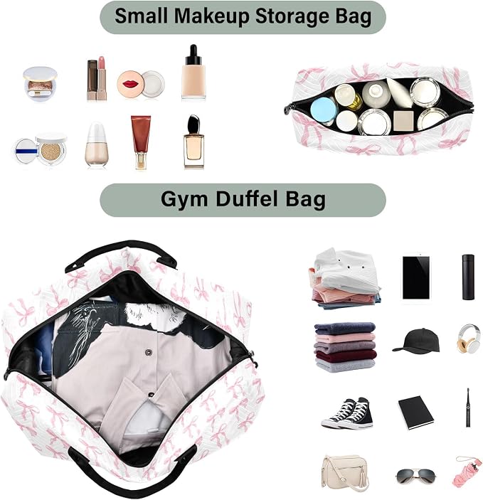 Weekender Bags Travel Duffel Gym Bag Carry on Overnight Tote Bag with Toiletry Bag for Airplane Travel Trip Gym Yoga (Pink Bow 61) - Image 4