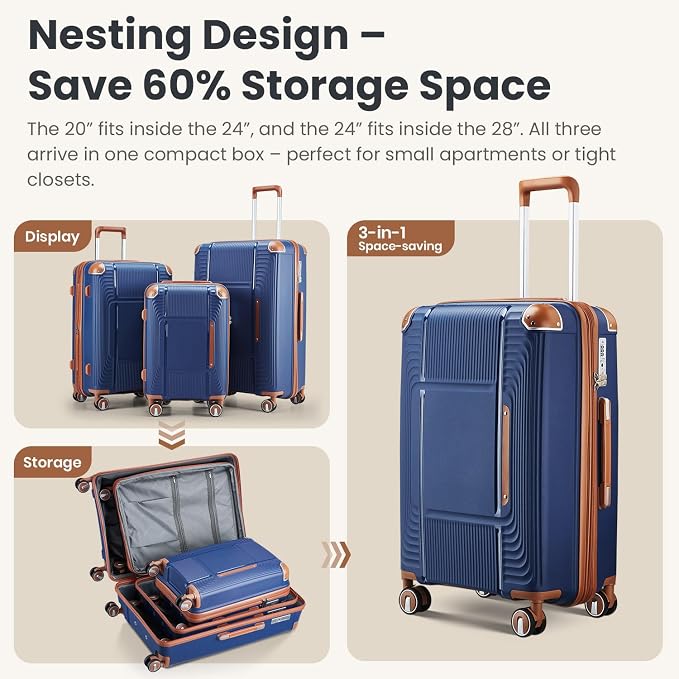 3 Piece Luggage Set PP Hardshell with YKK Zippers, 20/24/28 Inch Suitcases with Detachable Spinner Wheels & Reinforced Corner Guards, Lightweight TSA Lock Nested Set (Navy Blue) - Image 6