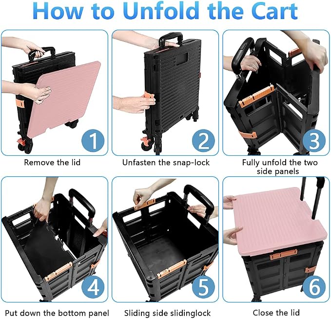 Quick Utility Cart Folding Portable Rolling Crate Handcart with Durable Heavy Duty Plastic Telescoping Handle Collapsible 4 Rotate Wheels for Travel Shopping Moving Luggage Office Use (black&pink lid) - Image 2