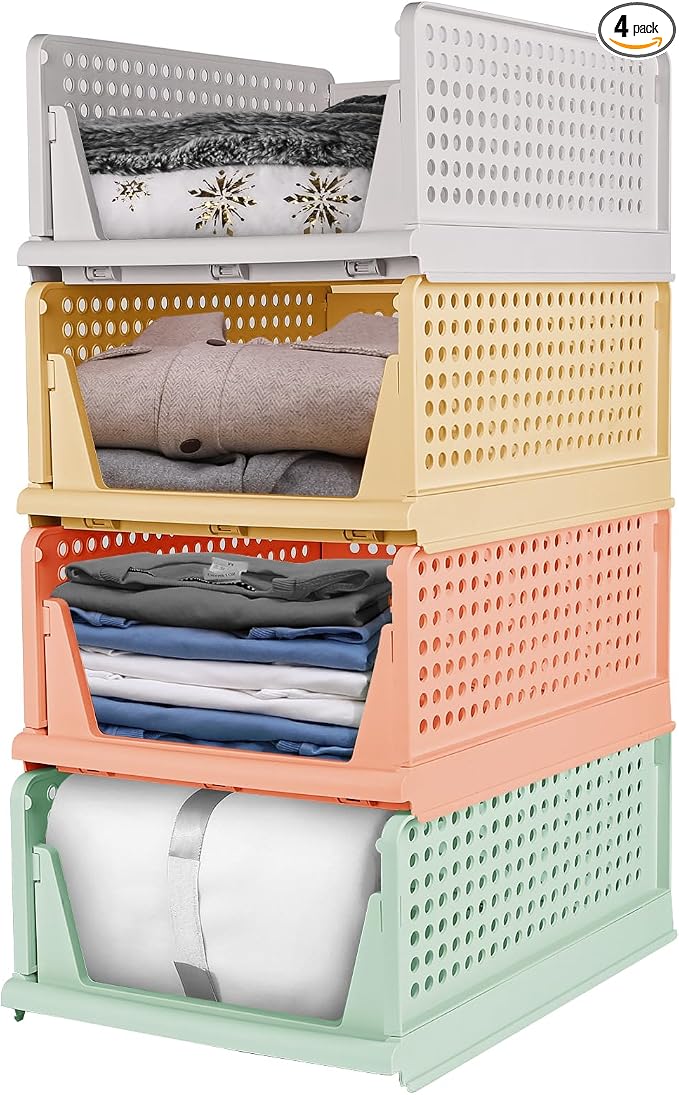 Set of 4 Foldable Storage Boxes, Stackable Drawer Organiser for Cupboards, Kitchen, Bathroom, Office (Colourful) by Glovios