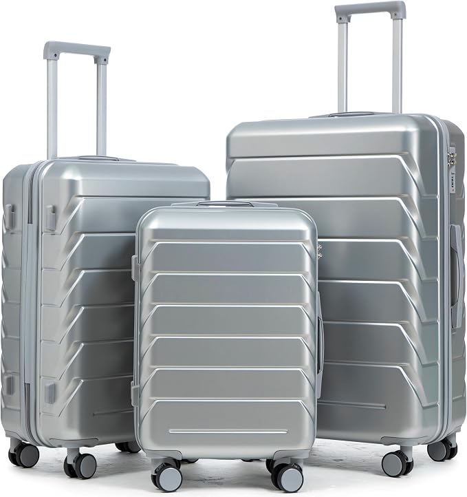 Hardside Luggage Sets, Lightweight Stripes Suitcase with Spinner Wheels, Sliver-220 by Merax