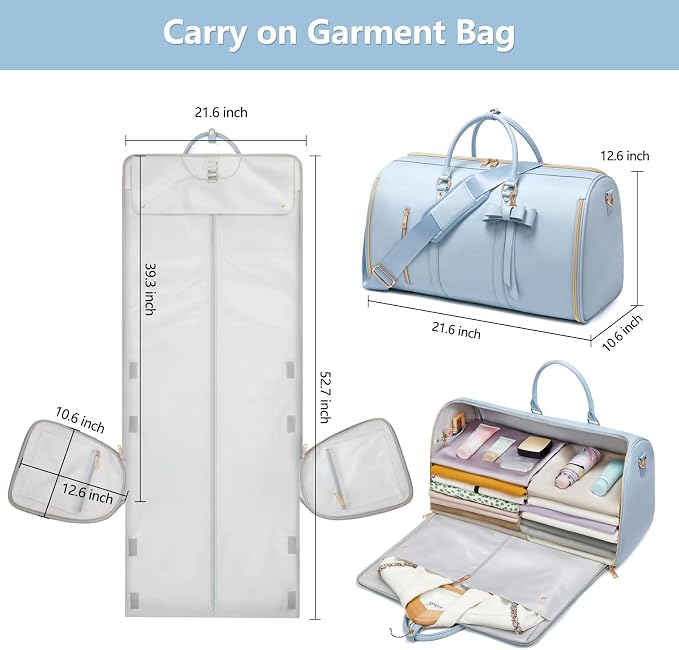 Travel Duffel Bag, Convertible Travel Garment Bag for Women, Fashion & Cute Carry On Duffle Bag w/Shoes Pouch, 2 in 1 Foldable PU Leather Hanging Duffle Bag, Single-Zipper Design, Blue - Image 3