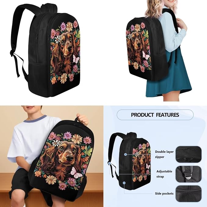 Kids School Backpack for Girls with Water Bottle Carrier Insulated Lunch Box Pencil Case for Kids, Dachshund Floral Kids School Bag Bookbag for Preschool Kindergarten Elementary - Image 3