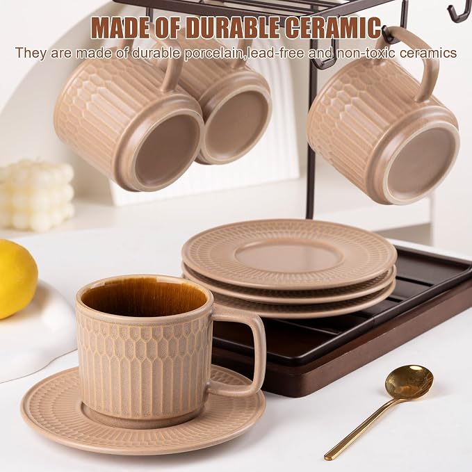 8oz Cappuccino Cups with Saucers Set of 4, 8 Ounce Stackable Embossed Ceramic Coffee Mugs for Specialty Coffee Drinks, Latte Mugs, Cafe Mocha and Tea, Dishwasher & Microwave Safe (Brown) - Image 3