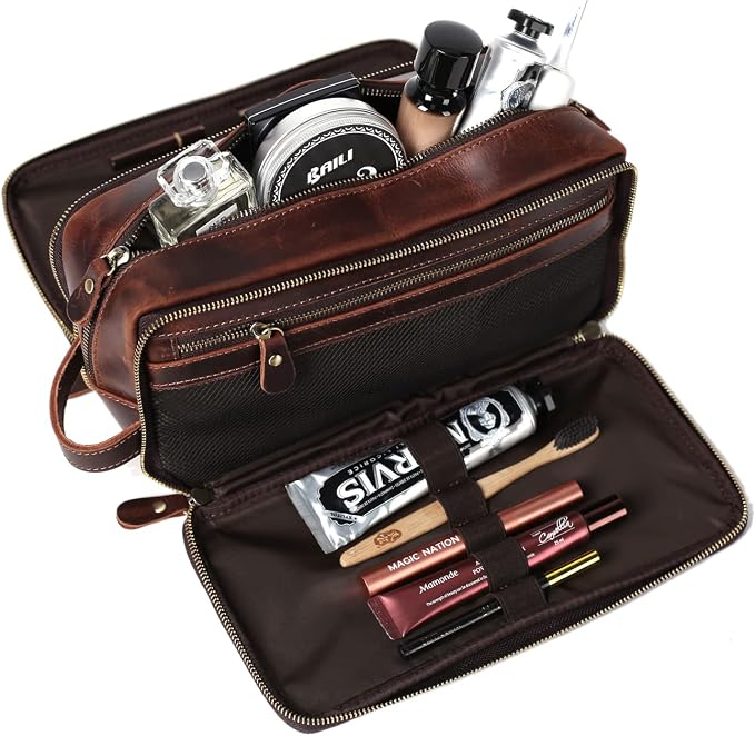 Personalized Leather Toiletry Bag for Men Travel Shaving Dopp Kit-Large Cosmetic Bags Toiletries Bathroom Organizer - Image 4