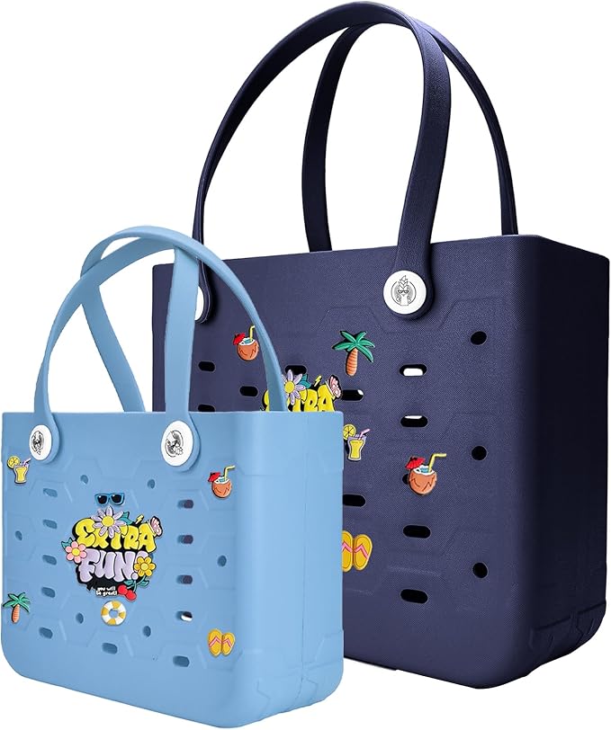 2-Pack Beach Bags Medium & Small,Waterproof Sandproof Rubber Tote Set for Women Men, Vacation Pool Boat Essentials by Unknown