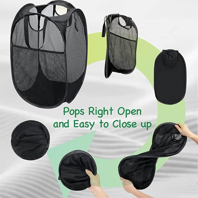 AQQA 9 Pcs Mesh Popup Laundry Hamper Set, Black/White/Blue, Durable Handles, Foldable, Sturdy Mesh Construction, Ideal for Kids, Teens, Adults, College Dorm, Camping, Hotel, Travel - Image 3
