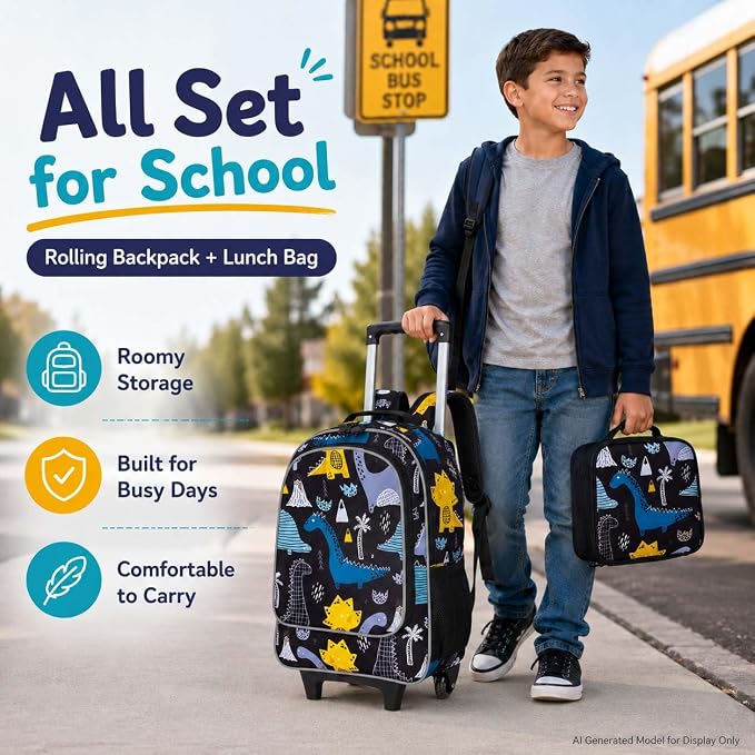 AGSDON 3PCS Rolling Backpack for Girls Boys, Kids Roller Wheels Bookbag, Wheeled School Bag with Lunch Bag - Image 6