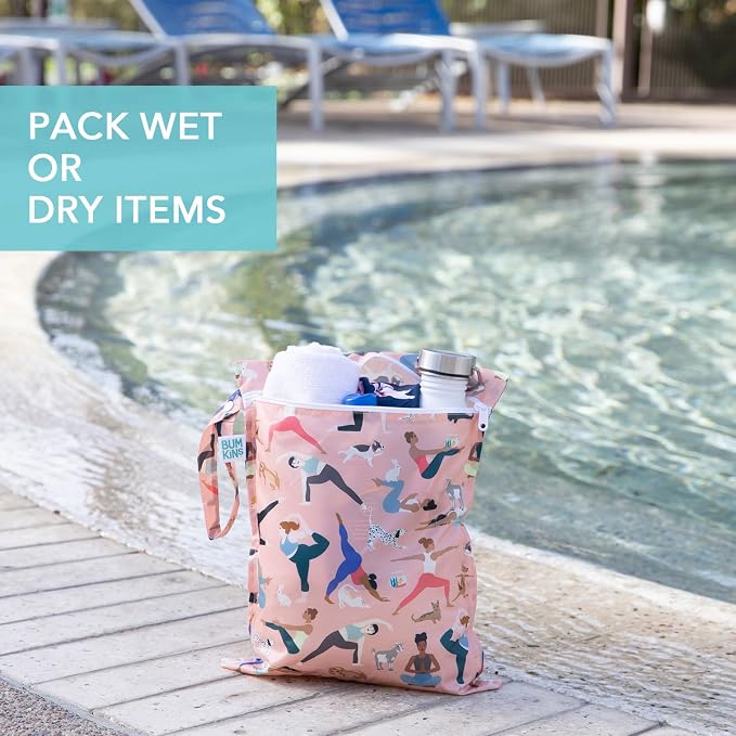 Bumkins - Waterproof Wet Bag, Wet/Dry Clutch & Clear Travel Bags - For Beach, Baby, Travel, Cloth Diapers, Pump Parts, Pool, Gym, Toiletries - Reusable & Easy to Clean - Yoga Pals - 5 Pack - Image 3