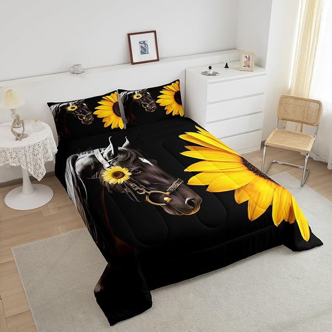 Erosebridal Horse Comforter Set King,Sunflower Horse Bedding Set for Boys Girls Teens Adults,Western Cowboy Farmhouse Down Comforter Farm Animal Quilt Duvet Sets Bedroom Decor 2 Pillow Cases Black - Image 3