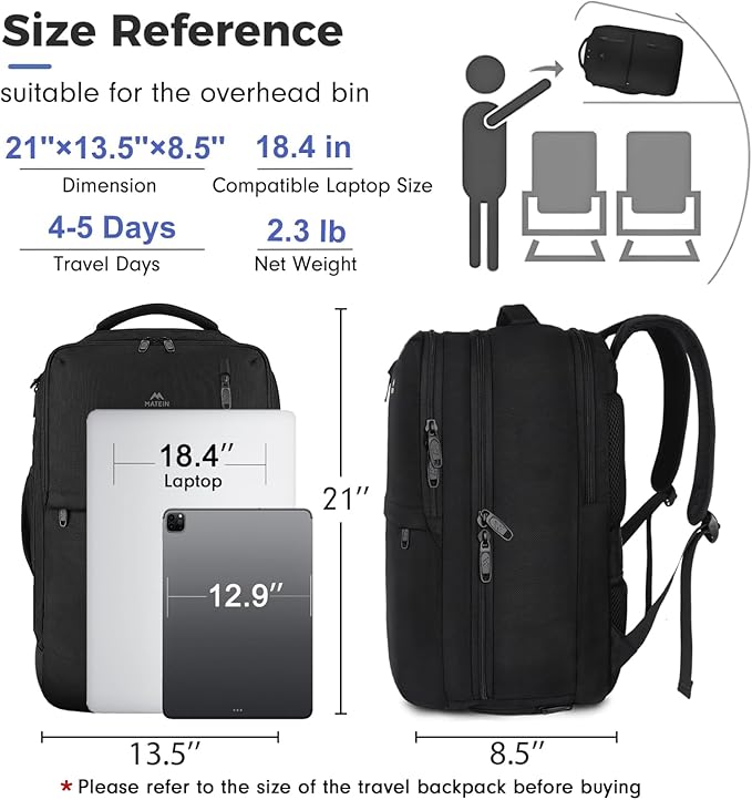 MATEIN Extra Large 45L Travel Backpack, Airline Approved 18 Inch Backpack | Shoe Compartment, Water Resistant, College Luggage Backpack, Casual Daypack, Overnight Weekender Travel Bag, Black - Image 2