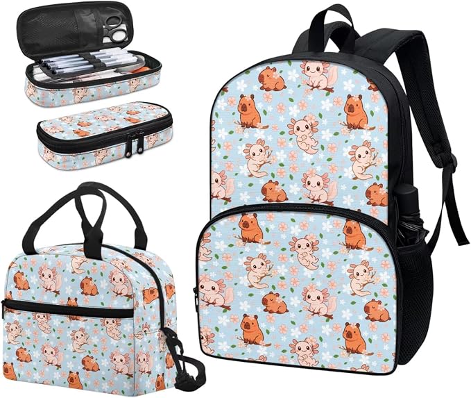Capybara and Axolotl 3Pcs Backpack Sets, Kids Bookbags Primary School Daypack Elementary Students Knapsack with Insulated Lunch Box Pencil Case for Teens - Image 6