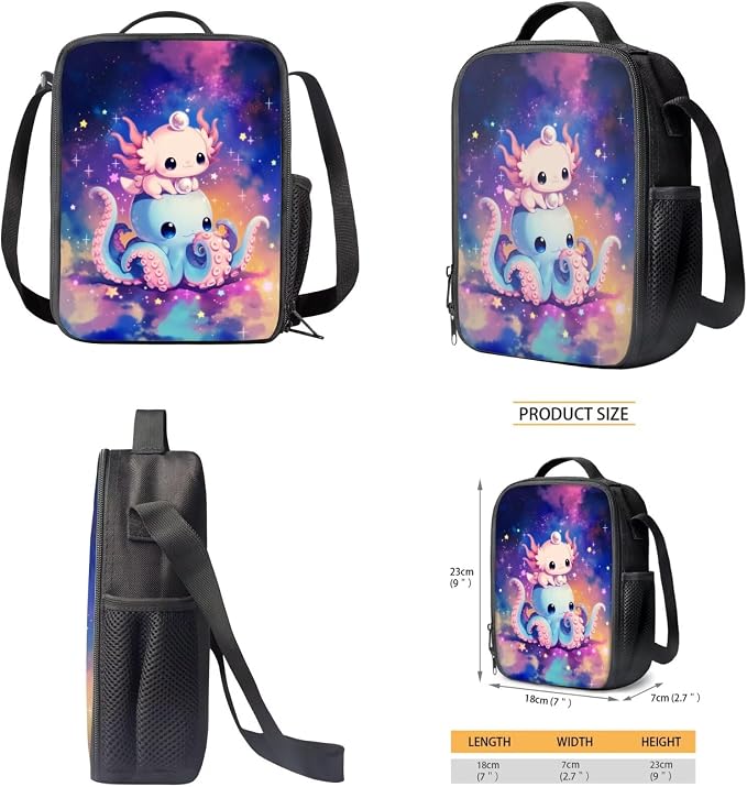4-in-1 Kids School Backpack Set, 20+ Cute Octopus & Axolotl Designs for Girls, 17'' Bookbag with Insulated Lunch Box, Pencil Case & Water Bottle Holder, Schoolbag Gift for Kids Age 6-12 - Image 5