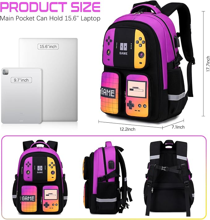 Gamer Backpack for Boys , 3PCS Boys Backpack with Lunch Box & Pencil Pouch, Waterproof School Bags for Boy Kids Children Teens, Elementary Middle School, Kids Book Bag Casual Daypack (Pueple Yellow) - Image 2