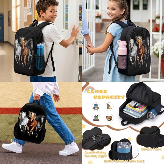 Horse Backpack and Lunch Box for Girls 6-8/8-10 Black Bookbag for 3rd Grade 17in Primary/Elementary School Book Bag and Lunchbox 4PCS Kids Back to School Back Pack Set - Image 3