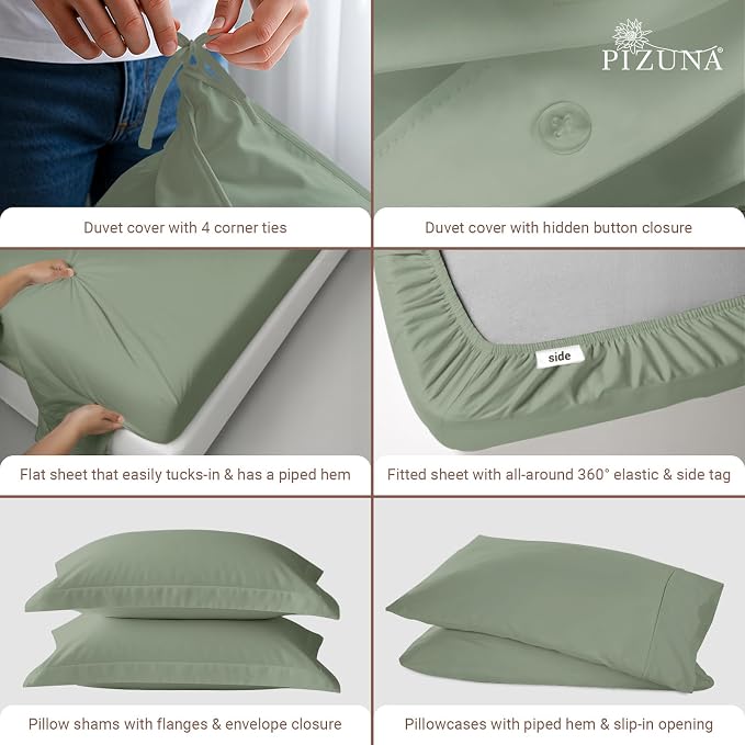 Pizuna Pure 100% Long-Staple Cotton Duvet Cover + Sheet Set Twin, Luxurious 400 Thread Count Long Staple Cotton, Soft Sateen Weave Bedding Set (Sage) - Image 4