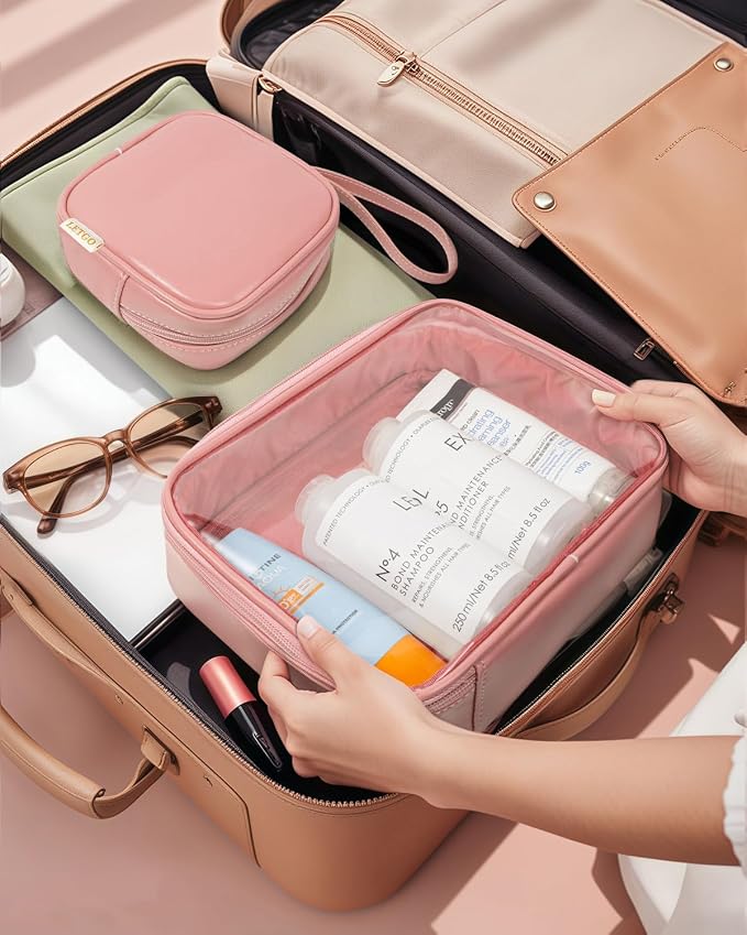 LETGO Travel Toiletry Bag for Women with Small Make Up Bag for Purse,Large Clear Toiletry Bag Lightweight Wide-open Travel Bag for Women, Cosmetic Makeup Bag Organizer (Handle-Pink, Large+Mini) - Image 4