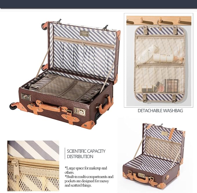 COTRUNKAGE Vintage Checked Luggage Sets 2 Piece TSA Lock Suitcase for Women with 16" Suitcase Bag, Cocoa Brown - Image 5