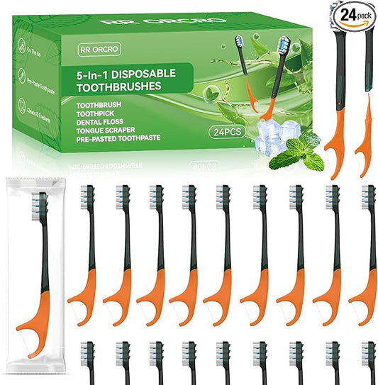 24Pack Disposable Toothbrush with Pre-Pasted Toothpaste 5-in-1 Mini Travel Toothbrush Deep Clean with Toothpick, Flosser, Tongue Scraper for Superior Oral Hygiene, Individually Wrapped