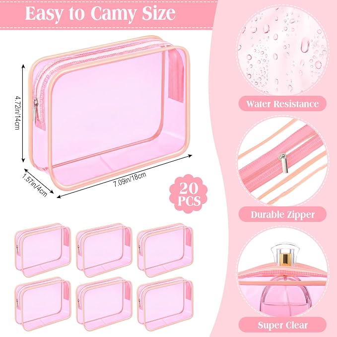 20 Pcs Clear Makeup Bags Bulk Travel Toiletry Bag 7 x 5.5 x 1.6 Inch PVC Zipper Pouch Waterproof Plastic Cosmetic Case Portable Organizer for Women Summer Bathroom (Pink) - Image 3