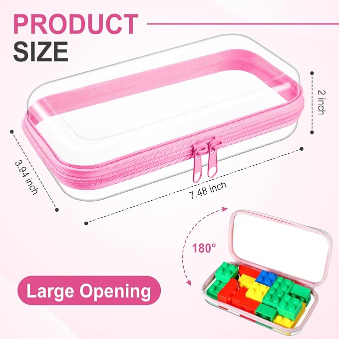 Hoolerry 4 Pcs Hard Clear Zipper Case Makeup Bags Plastic Zipper Pouch Transparent Storage Box Containers for Cosmetics, Snacks, Building Blocks, Puzzles(Clear,7.5 x 3.9 x 2 in,Pink) - Image 2