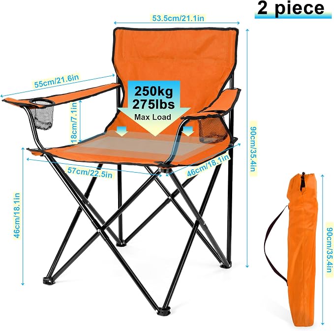 HaSteeL Camping Chair for Adults, Folding Beach Chair Set of 2, Large Foldable Portable Chair for Outdoors Fishing, Hiking, Sporting, Travel, Picnic, Lawn, Hold 275lbs & A Storage Bags (Orange) - Image 2