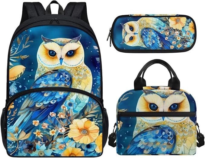 Blue Floral Owl Backpack with Lunch Box and Pencil Case Girls Comfy Padded Cute School Backpack Set of 3 Bookbag for Student Lightweight Large Capacity Daypack - Image 2