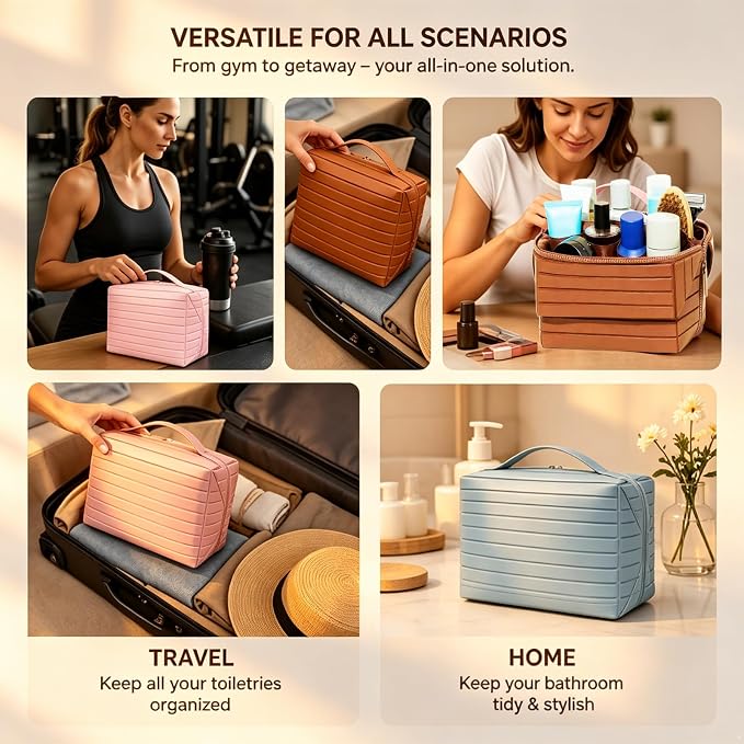 Makeup Bag Fold-Down – Waterproof PVC Travel Makeup Organizer Bag, Fold Down & Stand-Up Design, Large Capacity, Holds Brushes, Cosmetics & Toiletries for Travel, Gym, Home (Khaki) - Image 5
