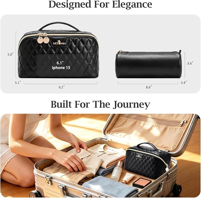 Travel Makeup Bags Cosmetic Organizer: 3Pcs Set Puffy Make up Bag for Women | Black Premium Quilted ELEGANCE Design | Large Capacity Leather Toiletry Bags | Wide Open Compact Case for Travel Essentials - Image 7