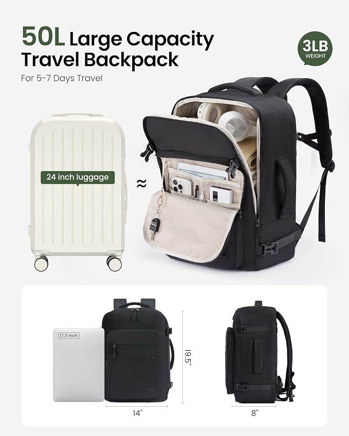 LOVEVOOK 50L Carry on Backpack, Large 17 Inch Travel Backpack for Women Men, Personal Item Bag Airline Approved with 3 Packing Cubes, Hiking Backpack Waterproof Weekender Essentials Casual Daypack - Image 3
