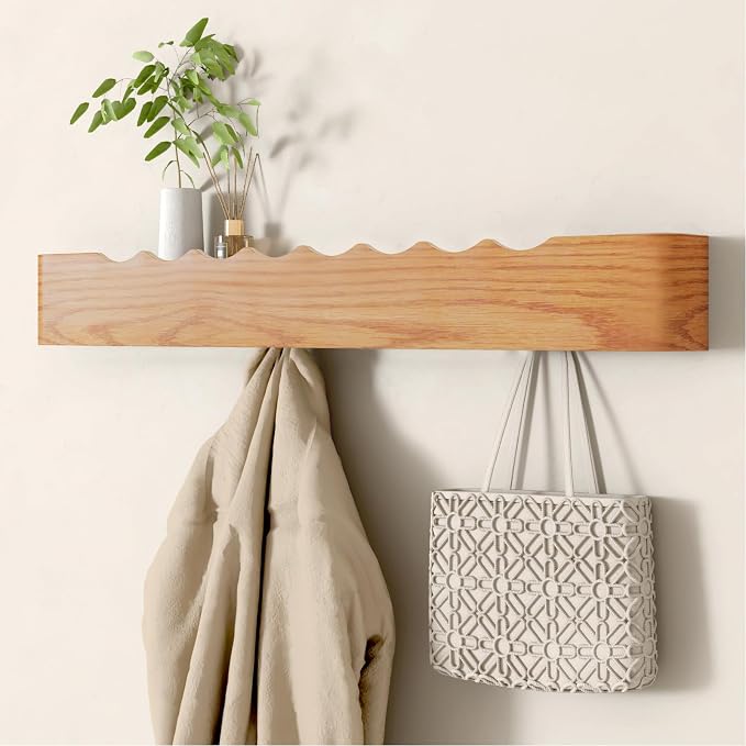 Wall Mounted Coat Rack with Shelf, Wooden Entryway Organizer with Hidden Metal Hooks for Hanging Coats Bags Keys, Modern Floating Shelf for Hallway Bathroom by VERASCOT
