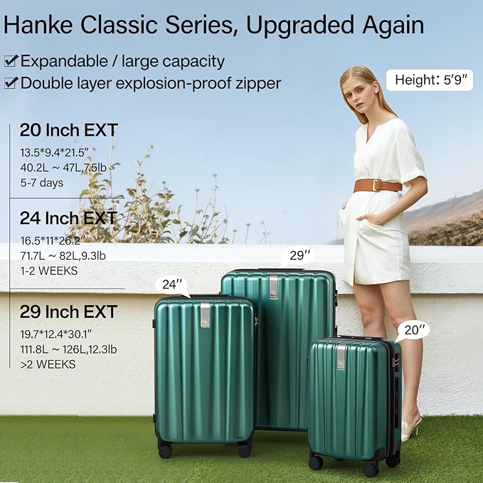 Hanke Expandable Hard Shell Luggage Sets 2 piece Carry on Luggage with Wheels Suitcases Lightweight Checked Travel Luggage Rolling Large Suitcase Travel Luggage Bag Woman Men 20/29 IN(Blackish Green) - Image 2
