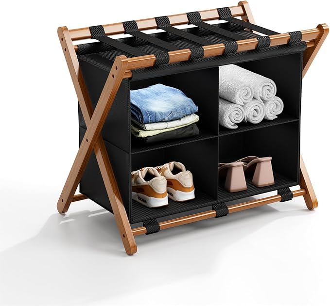 Bamboo Luggage Rack with 4 Storage Compartments, Foldable Suitcase Stand for Guest Room, 150lbs Capacity, Sturdy, Space-Saving and Easy to Assemble Organizer by Unknown