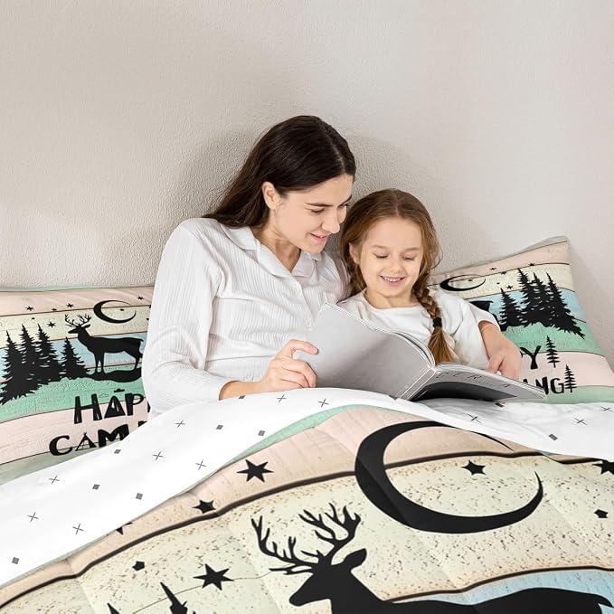 Camper Decor Quilt Bedding For Full Rustic Farmhouse Camping Comforter Set Woodland Animal Deer Rv accessories Bedding Sets Gifts For Teen Boys Girls Black Green Wooden Board Bunks Decor 2 Pillowcases - Image 5