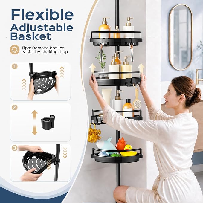 HAMITOR Corner Shower Caddy Tension Pole: Adjustable Stainless Steel Shower Organizer 4 Tier Shelf for Bathroom Bathtub Shampoo - Floor Standing Rack Bath Storage Holder with Rust Proof Rods - Black - Image 6