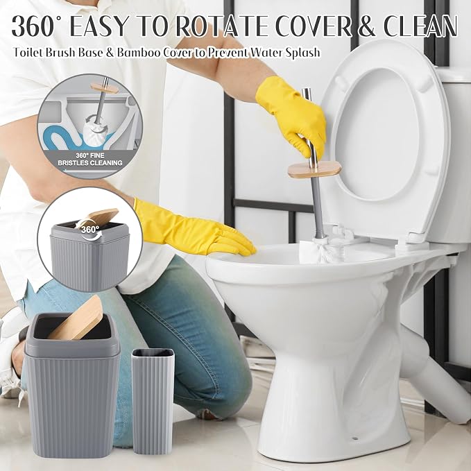 Grey Bathroom Accessories Set 17PCS Bathroom Set with Trash Can 3PCS Lotion Soap Dispenser, Toothbrush Holder, Soap Dish,Tumbler Cup,6PCS Wood Tags Bath Accessories with Tray for Bathroom - Image 6