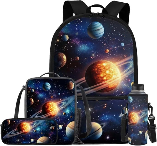 Galaxy Space Backpack for Boys Kids Backpack with Lunch Box Water Bottle Carrier and Fabric Pencil Pouch 4PCS Set 17 inch Bookbag with Front Pocket Sturdy School Bag with Side Pocket for Girls by ELEDIZI
