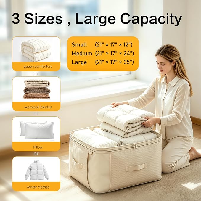 Comforter Storage Bag, Large Capacity Blanket Storage Bags 3-Layer Ultra Space Saving Self Compression Organizer, Heavy Duty Space Saver Organizer for Bedding, Clothes, Blanket, 2-Pack, Beige - Image 5