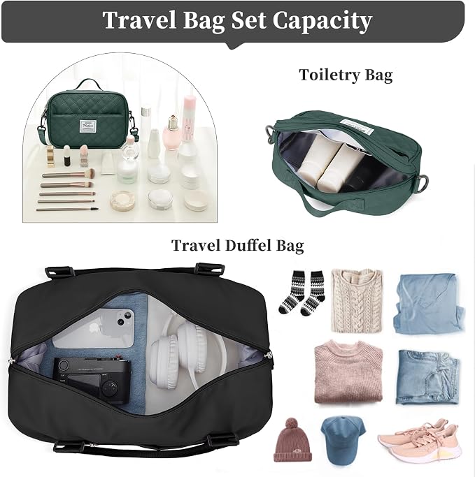 Weekender Bags for Women,Personal Item Travel Bag with Shoes Compartment | Overnight Travel Duffel Bag with Dark Green Toiletry Bag,Carry-On Bag - Image 3
