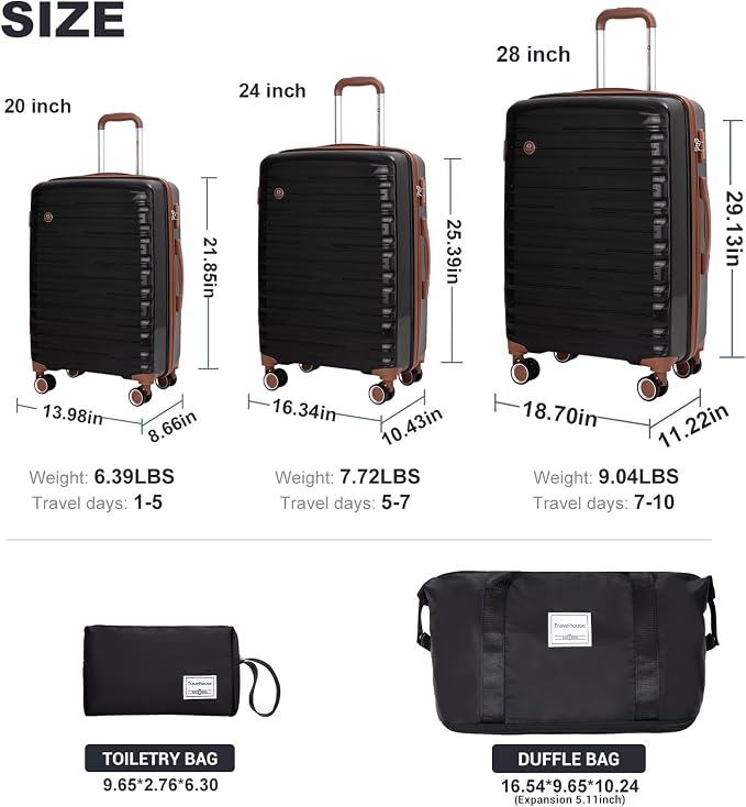 Travelhouse Luggage Sets 5 Piece with Double Spinner Wheels,PP Hardside Suitcase Sets with TSA Lock,Carry On Luggage Set with Travel Duffle Bag for Women and Men - Image 3