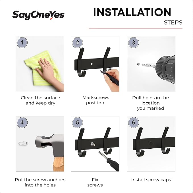 Coat Rack Wall Mount – 17 Inch Stainless Steel Hook Rail with 6 Double Coat Hooks for Hanging – Wall Mounted Entryway Organizer for Coats, Hats, Bags, Towels, Robes, Closet or Bathroom - Black 4 Pack - Image 7