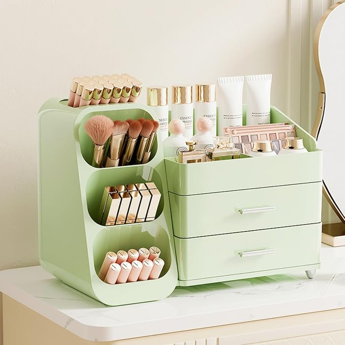 Booklov Large Makeup Organizer for Vanity and Bathroom Countertop, Green | Plastic Cosmetic Display Case with Drawers, Beauty Brush Holder for Dresser Counter Skin Care Eyeshadow Lipstick Storage - Image 8