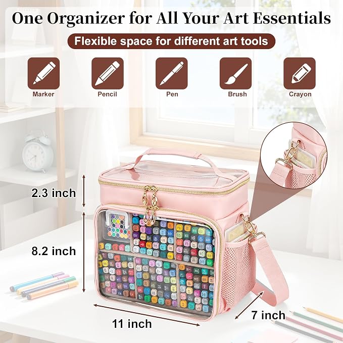 Large Marker Organizer Case for 200-300 Markers, Double-Layer Marker Bag with Removable Dividers, Marker Organizer for Markers, Pencils, Crayons or Other Art Supplies, Pink (Bag Only) - Image 3