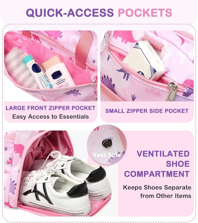 Kids Duffle Bag,VASCHY Travel Bag for Toddler Children Girls Water Resistant Overnight Duffel Ballet Dance Sport Carry On Weekender with Shoes Compartment Dry Wet Pocket Pink Dinosaur - Image 4