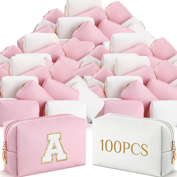 100 Pack Aesthetic Makeup Bags Bulk PU Leather Cosmetic Pouches Waterproof Toiletry Bags Makeup Pouches Bulk for Teen Girls Women Party Gift Travel Storage Back to Teacher Gift (Pink White) by Cunno